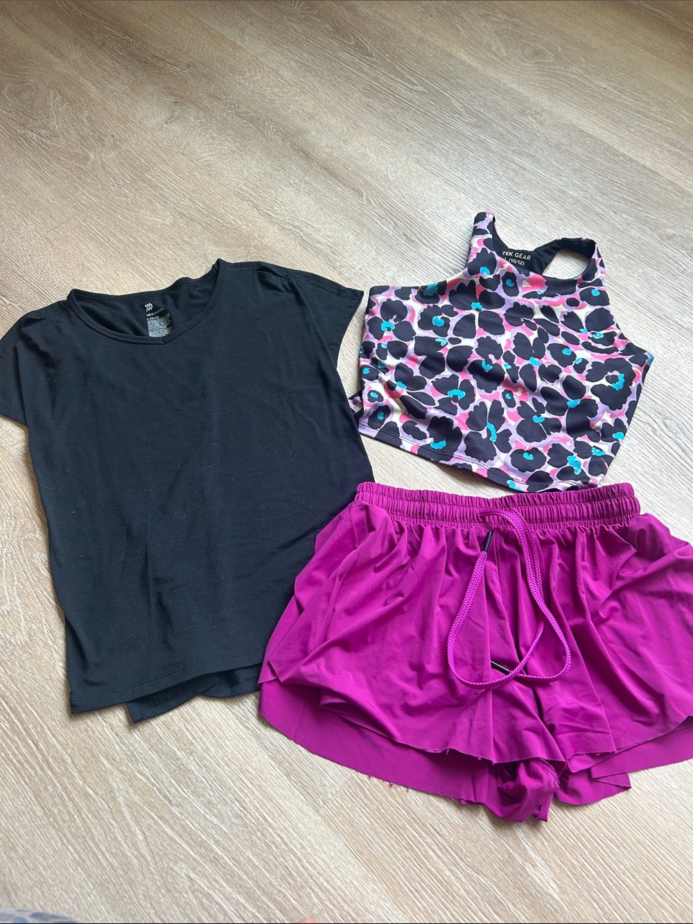 Active Kids 3-Piece Set - Black Tee, Pink Leopard Crop tank, Magenta Shorts